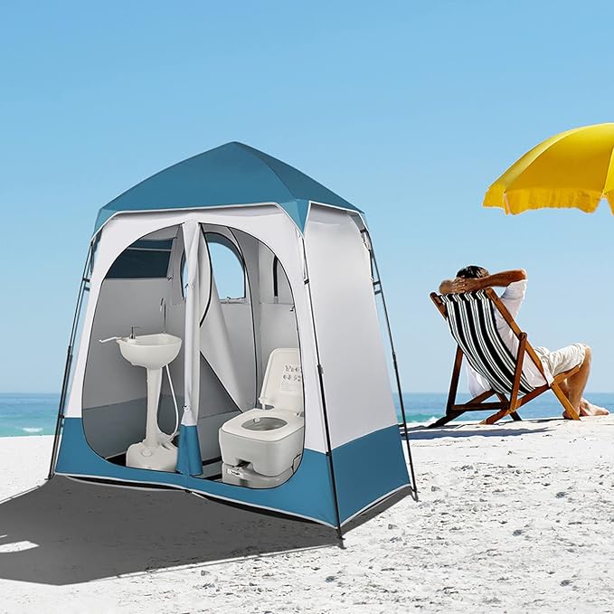 Vasitelan 2 Room Shower Tent 7.5 FT Instant Pop Up Shelter with Carrying Bag Privacy Changing Room Tent for Portable Toilet Easy Setup Perfecr for Camping Dressing Outdoor or Indoor