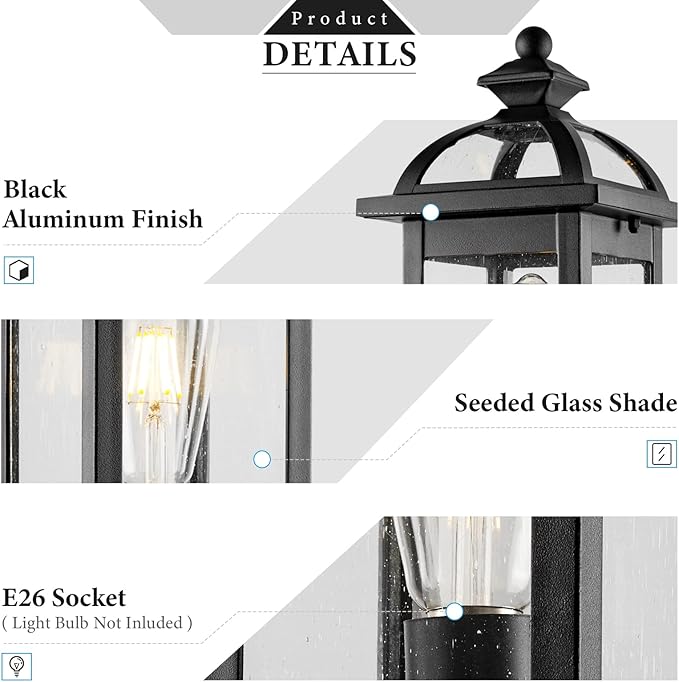 Darkaway Outdoor Post Lights Lamp Posts Outdoor Lighting Waterproof Aluminum Post Lights Exterior Light Fixtures with GlassFence Pole Lights for Yard Patio Garage （2 Pack）