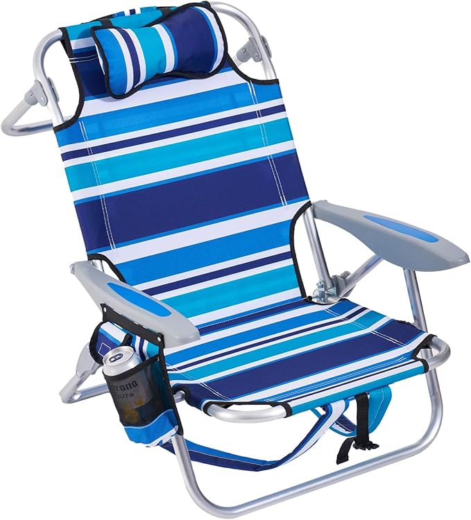Portable Beach Chair for Adults Outdoor Camping Chair Lay Flat Folding Backpack Beach Reclining Chair with 5 Positions Headrest Zipper Pouch Cup Holder Blue Green