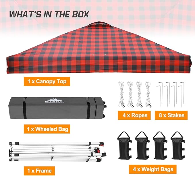 EAGLE PEAK Pop Up Canopy Tent with Wheeled Carry Bag 8 Stakes 4 Ropes 4 Weight Bags Easy Set Up Tent Canopy 10x10 ft 100sqft of Shade Red Plaid