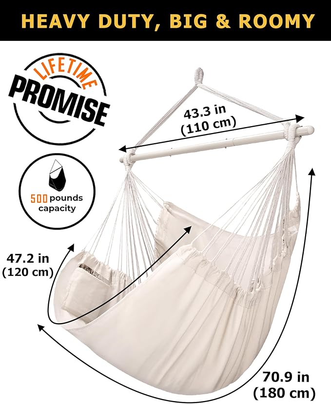 ADVOKAIR Hammock Chair Large 70.9x47.2 32% Bigger XXL Hanging Swing Chair with 500lbs Capacity Heavy Duty Steel Spreader Bar Extra Roomy Comfort for Adult Indoor Outdoor Bedroom Patio