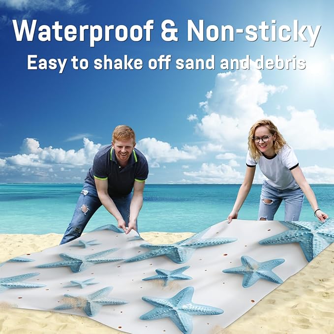 Waterproof Sandproof Beach Blanket 59''×68'' Starfish Polyester Outdoor Picnic Blanket with 4 Stakes &amp Storage Bag for BeachCampingVacation Light Blue