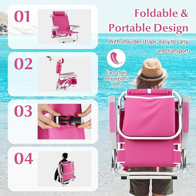 COSTWAY Backpack Beach Chair Foldable Camping Chair with 5 Adjustable Position Cup Holder Storage Pockets Straps Towel Rack Pillow for Patio Outdoor (Pink2)