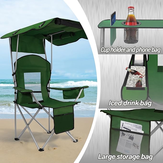 Beach Chair with Canopy Shade Folding Camping Chair Support to 330LBS Outdoor Chair with Cup Holder &amp Cooler Bag for Travel Hiking