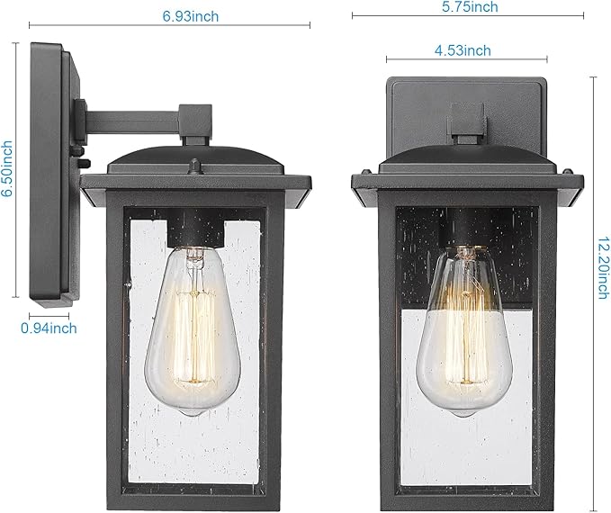 Outdoor Wall Sconce 1 Pack Exterior Light Lantern Fixture Porch Lights Lamp Outdoor Wall Mounted in Black Finish with Seeded Glass for House Garage Patio Yard Garden