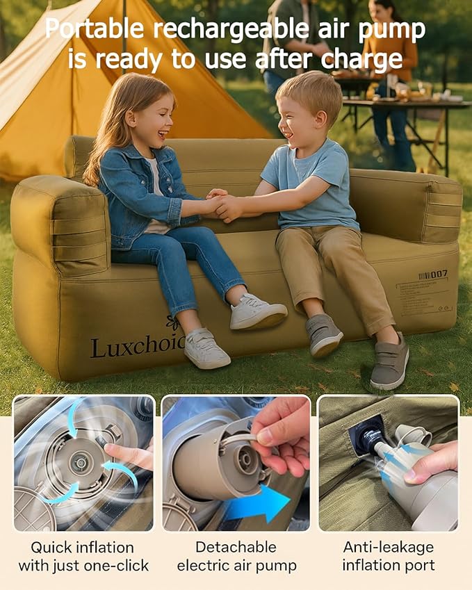 Portable Inflatable Couch for Camping with Built-in Pump Durable Inflatable Furniture Comfortable Blow Up Couch Stylish Outdoor Air Sofa Perfect for Backyard Beach Music Festival Party | Auto Cordless