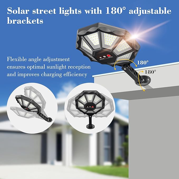 Solar Lights Outdoor - 6500K Solar Street Lights Outdoor Motion Sensor&ampDusk to Dawn Flood Light 168LED 8 Sides 360°Wide Angle Security Flood Light IP66 Waterproof with Remote for Yard/Pool(2 P