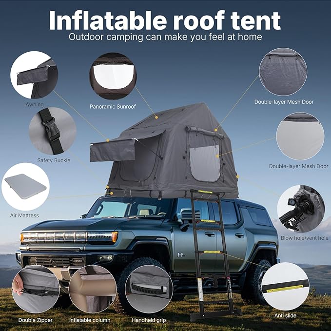 CDEN Inflatable Rooftop Tent SUV Truck Bed Tent 2-3 Person Pop-Up Car Roof Top Tent Overland Tents with Air Mattress Ladder Rainfly Pump for Camping Outdoor Travel