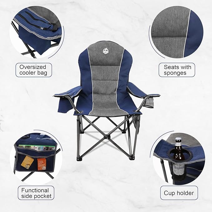 Northroad Oversized Portable Camping Chair Full Padded Outdoor Folding Chair Support 350 LBS Heavy Duty Lawn Chair with Cup Holder Cooler Bag Lumbar Support Head Pocket for Adult-Blue