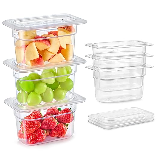 WILPREP 6 Pack Plastic Food Pans with Lids NSF Listed 1/9 Size 4 in Deep Clear Food Storage Containers 1.1 qt Stackable Polycarbonate Commercial Hotel for Fruits Vegetables Beans Corns