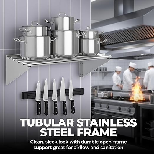 18 x 72 Commercial Stainless Steel Tubular Wall Shelf – Heavy Duty | NSF Certified Kitchen Storage Rack