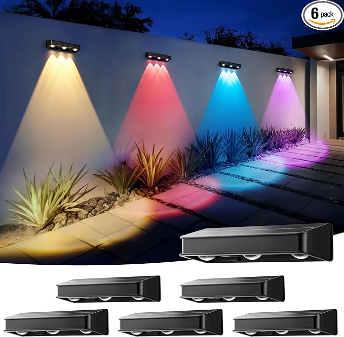 Solar Wall Lights100 LM Color Changing Solar Fence Lights Outdoor Solar Powered with Ultra-Bright LED Lens 1200 mAh Waterproof IP65 for Christmas Halloween Patio Yard Backyard 6 Pack (RGB)