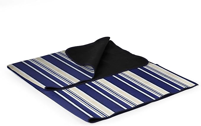 PICNIC TIME Outdoor Picnic Blanket Tote 59x51 Foldable Beach &amp Camping Blanket with Soft Fleece Water-Resistant Bottom Adjustable Strap &amp Zippered Pocket (Blue Stripe Navy Flap)