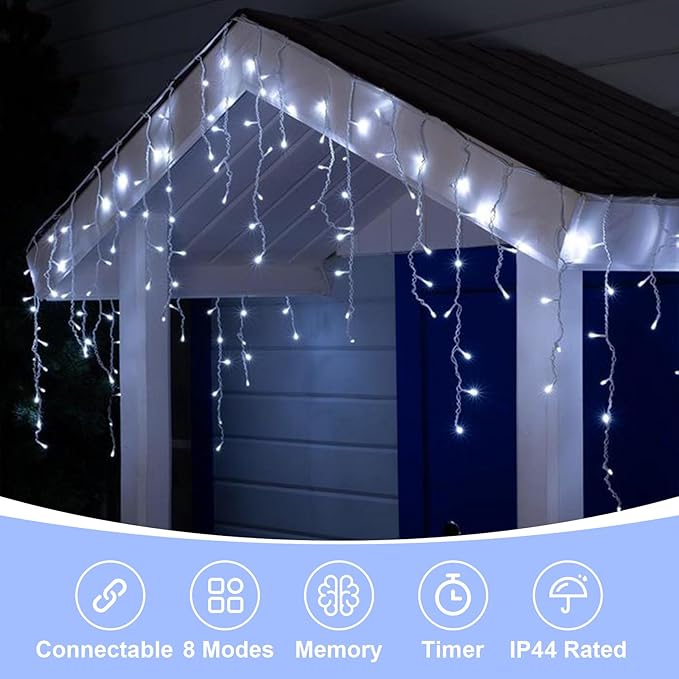 QITONG Icicle Lights for Outside 66ft 800 LED String Lights Plug in with 8 Modes Connectable White Icicle Christmas Light Clear Wire Indoor