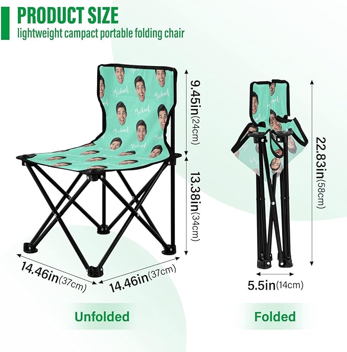 Sinestour Teal Custom Photo Folding Camping Chair for Teen Child Personalized Name 14.6×14.6in Portable Outdoor Chair with Carry Bag for Beach Picnic Travel