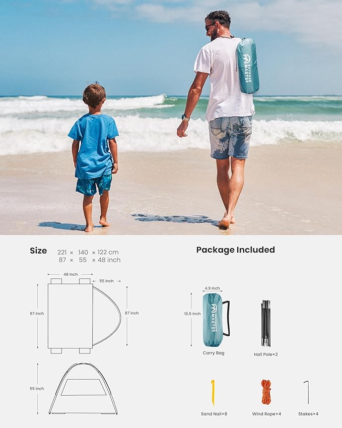 OutdoorMaster Update Beach Tent Sun Shelter with 2 Ventilated Doors UPF50+ Easy Setup Beach Tent Canopy for 3 Person Portable Family Beach Umbrellas for Sand with Carrying Bag - Pale Green