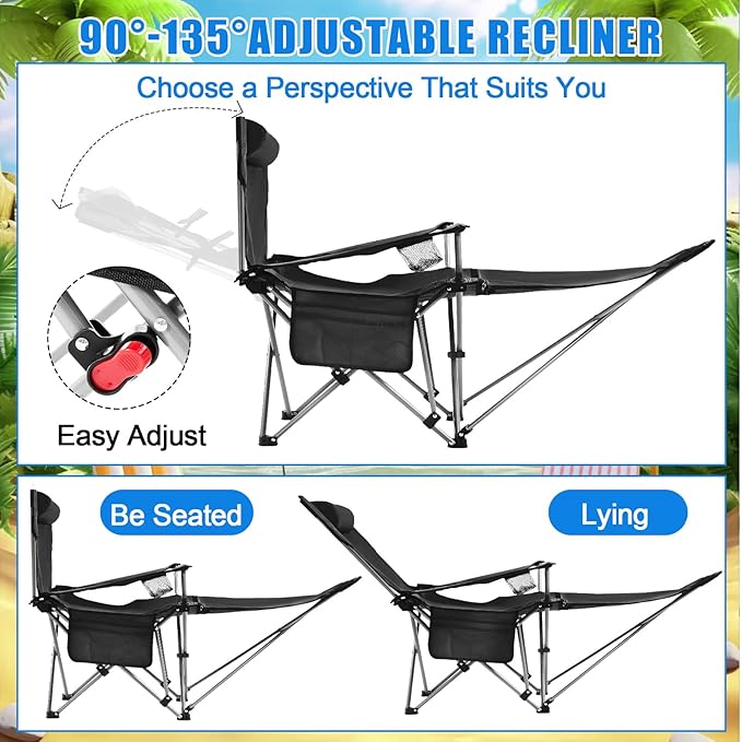 Karenhi 2 Set Beach Camping Chair with Umbrella for Adult Folding Reclining Camping Chair with Foot Rest Adjustable Clamp Canopy Shade for Outdoor Patio Travel Beach(Black)