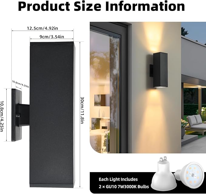 tewei LED Outdoor Wall Sconce Lights Modern Exterior Lighting Fixtures with 7W LED Bulbs Matte Black Square Up and Down Outdoor Lights for House Front Porch Garage Warm White 3000K 6 Pack