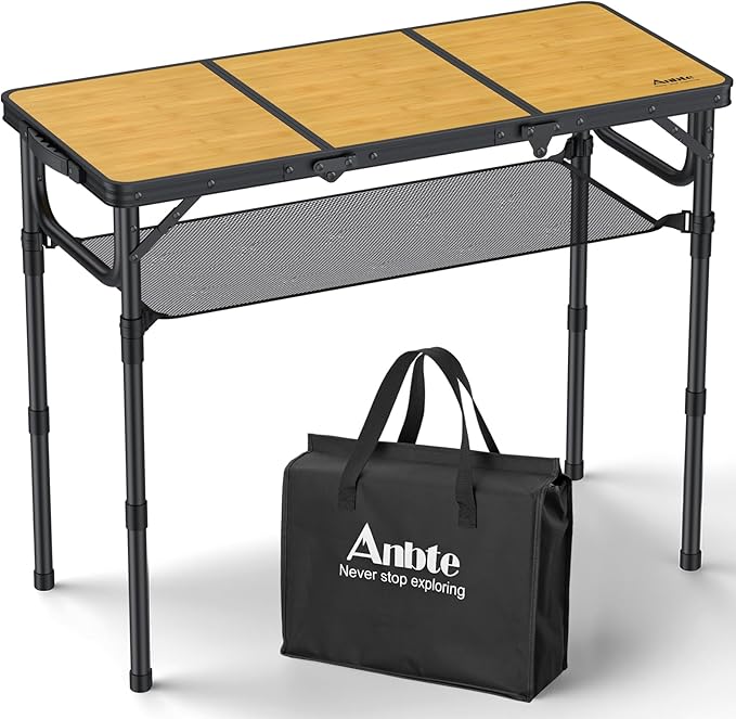 Anbte 3ft Camping Table Foldable with Storage Net and Bag 3 Adjustable Heights High 27.5 Aluminum Camping Table Portable for Outdoor Indoor Backyard BBQ Cooking Party Picnic Beach Light Oak Grain