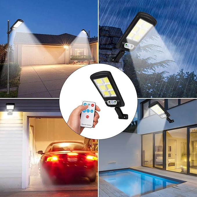 NUNET 4 Pack 120 LED Solar Security Lights Outdoor Motion Sensor with Remote Control 3 Modes Weatherproof Dusk to Dawn Wireless Solar Street/Flood Lights for Garden Yard Garage Patio Parking Lot