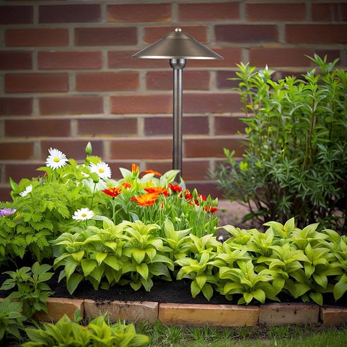 DOSHINE® Solid Brass Low Voltage Landscape Lighting Pathway Lights (9 Shade 22 Tall) with Replaceable 3W G4 LED Bulb 3000K AC/DC 12V and Ground Stake for Outdoor Walkway Driveway (UFO 6-Pack)