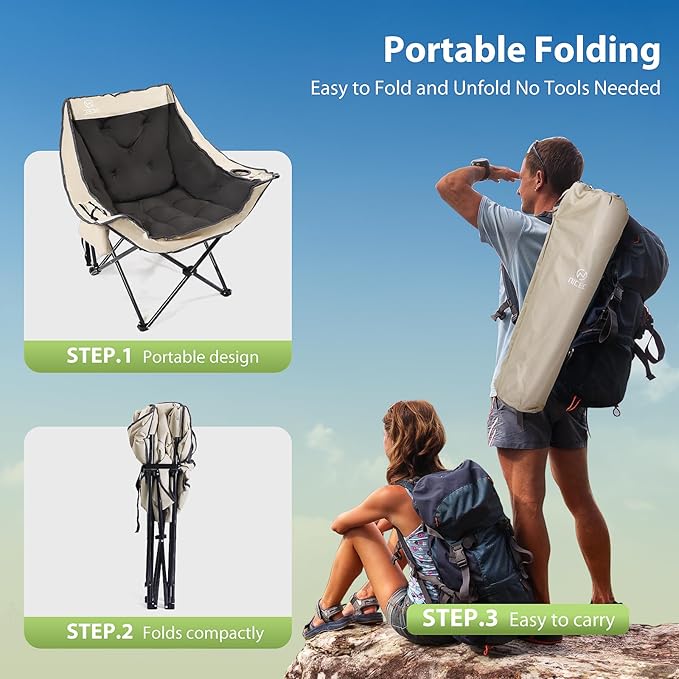 Nice C Padded Camping Chair Oversized Camping Chairs Oversized Thick Padded Folding Chairs Outdoor Sports Chair Heavy Duty with Cooler Bag Cup Holder Side Pockets (2 Pack)