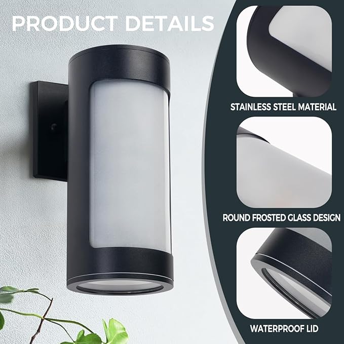 Cerdeco Black Outdoor Wall LightsCylinder Stainless Steel Porch Light with Frosted GlassModern Outdoor Wall Sconces2 Pack