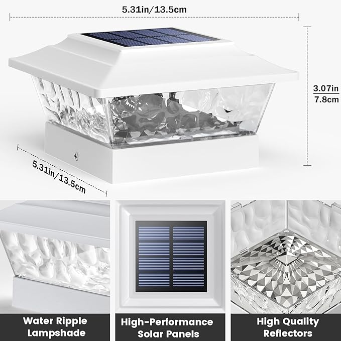 SIEDiNLAR Solar Post Lights Outdoor 12 LEDs 4 Modes Post Cap Light for 4x4 5x5 6x6 Vinyl Wooden Deck Fence Posts Garden Patio Decor Warm/Cool White Dynamic Lighting (6 Pack White)