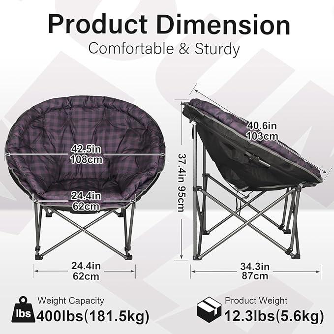 Oversized XXL Folding Round Camping ChairsComfy Padded Moon Camp ChairsHeavy Duty Supports 440 Lbs Outdoor Lawn Chairs for AdultsPerfect for IndoorFamily HikingPicnics and GardenPurple Plaid