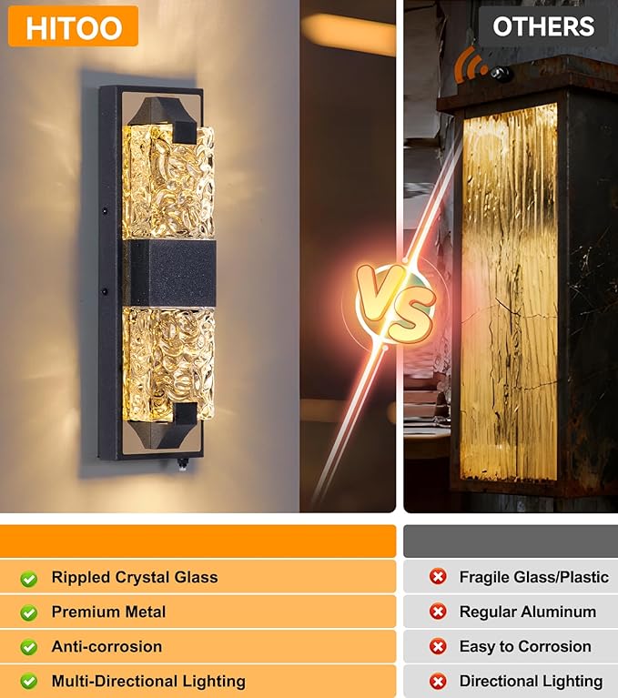 HITTO Porch Lights Outdoor Dusk to Dawn Outdoor Lighting 15.6'' Outdoor Wall Sconce IP65 Waterproof LED Exterior Lamp Ripple Crystal Glass Black&ampGold Modern Porch Light for House Front Door 2