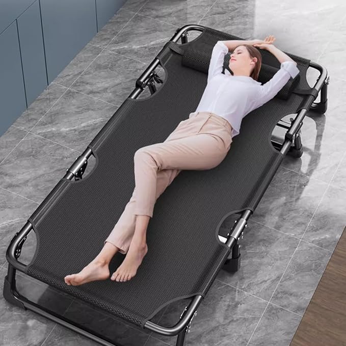 Folding Camping CotAdjustable 4-Position Adults Reclining Chaise with Pillow Outdoor Lounge Chair Sleeping Cots Bed Perfect for Camping Pool Beach PatioOfficeTraveling 190cm