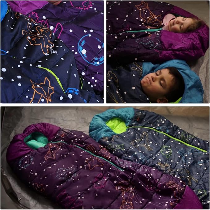 AceCamp Glow in The Dark Mummy Sleeping Bag for Kids and Youth Temperature Rating 30°F/-1°C Water-Resistant for Camping Hiking and Slumber Party