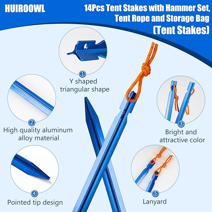 14 Pcs Camping Kit Aluminum Tent Stakes(8Pcs) with Reflective Camping Rope(4Pcs) Camping Hammer(1Pcs) Storage Bag(1Pcs) Suitable for Tent Camping Hiking and Outdoor Adventures