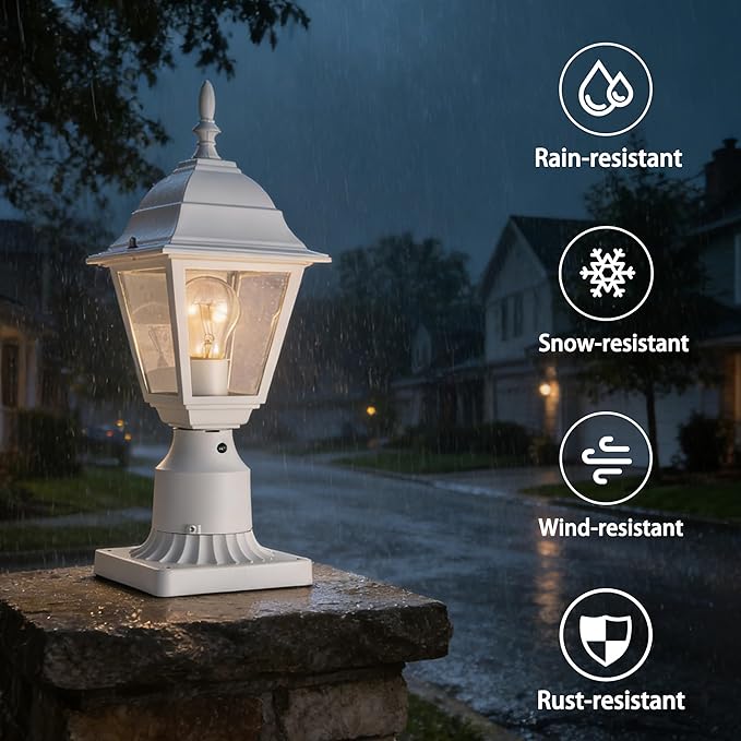 Outdoor Post Lights 2 Pack Dusk to Dawn with Photocell Waterproof Exterior Post Light Fixture 5.9” Pier Mount Base White Aluminum Post Lantern with Clear Glass