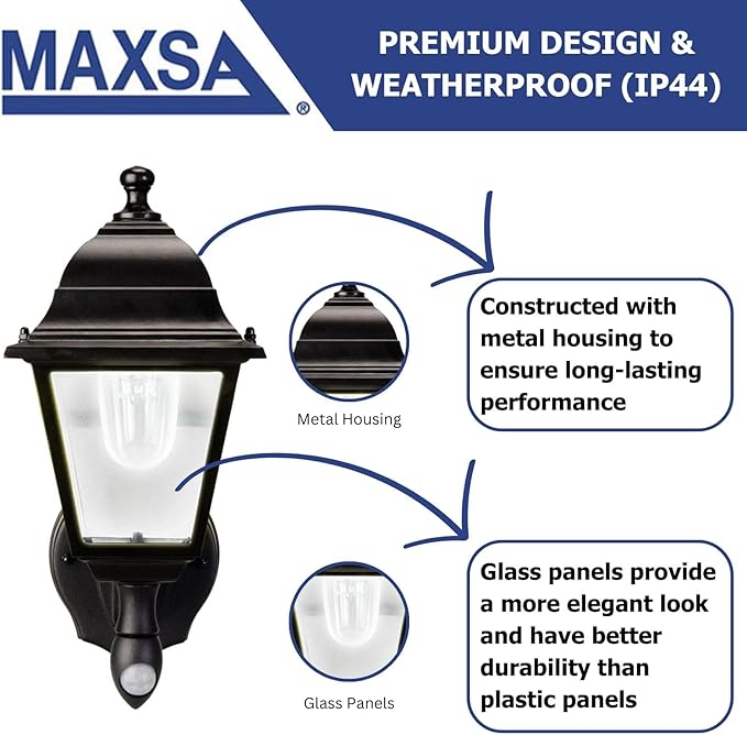 Maxsa 44219 Premium Wireless Battery-Powered Motion-Activated Decorative Outdoor Wall Sconce Lighting Fixture Cool White LED Metal Housing Black