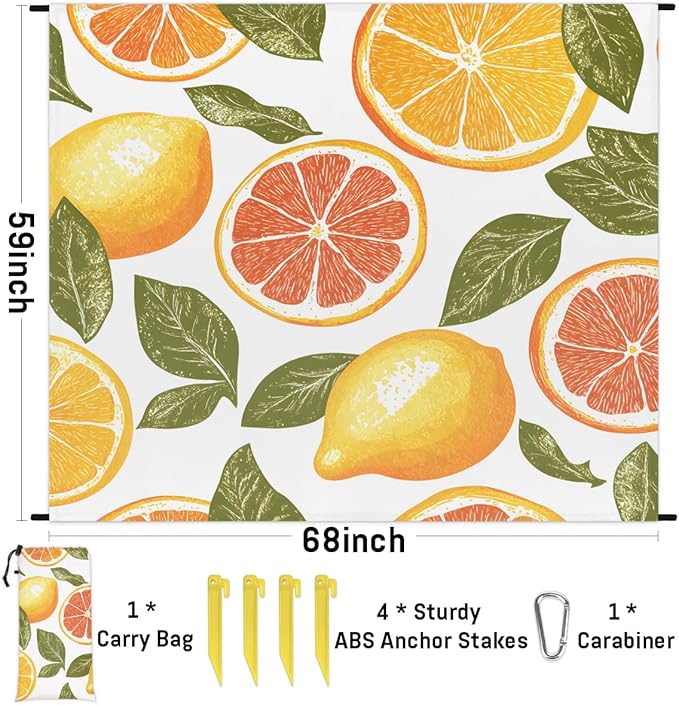 Waterproof Sandproof Beach Blanket 59''×68'' Rose Orange Polyester Outdoor Picnic Blanket with 4 Stakes &amp Storage Bag for BeachCampingVacation White