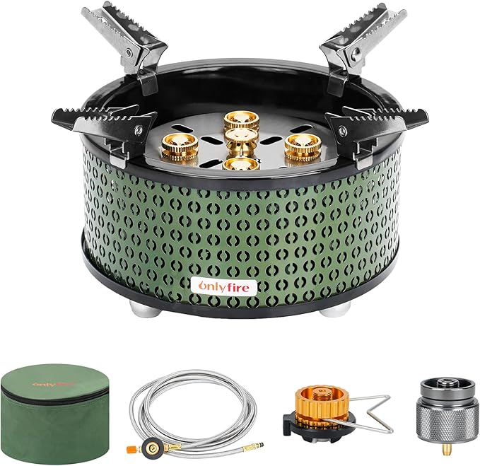 ONLYFIRE OUTDOOR LIVING Portable Camping Gas Stove with Storage Bag &amp Gas Adapters 5 Burners Propane Stove for Outdoor Patio Cooking Picnic Camping Hiking Tailgating Emergency Use Green GS344