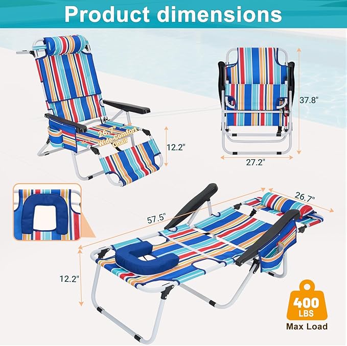 MOPHOTO 3 in 1 Beach Chairs Heavy Duty Beach Tanning Chair for Adults Lay Flat Recliner with 5-Position Adjustable Backrest Folding Outdoor Chair for Beach Pool Patio Camping