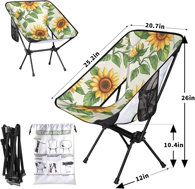 Honeybaby Folding Camping Chair Flower Sunflowers Theme Camping Chairs Lightweight Portable Chair Outdoor Foldable Chairs for Camping Travel Picnic Beach Hiking