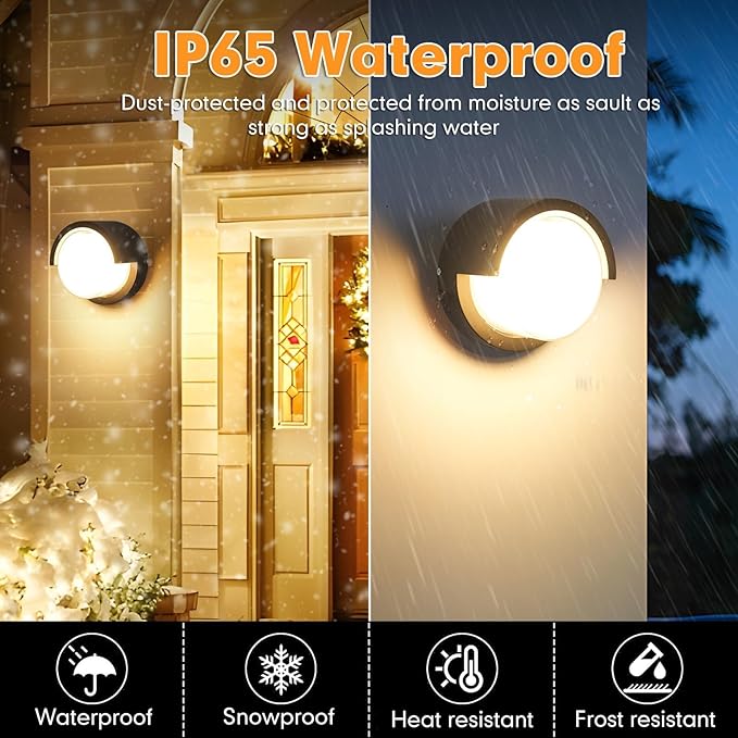 Outdoor Wall Lights 2 Pack 6 Inch Modern LED Wall Sconces 1200LM 3CCT Selectable (3200K/4000K/6500K) IP65 Waterproof Black Aluminum Exterior Light Fixtures for House Porch Garage