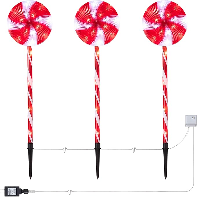 Alpine Corporation 28 Tall Outdoor Christmas Candy Cane Pathway Stake Lights with Multi-FunctionLED Set of 3 Festive Lawn and Garden Holiday Decor Red and White