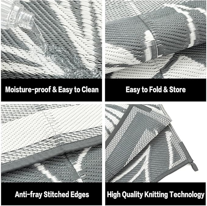 HUGEAR 5'x8' Outdoor Rug Waterproof Plastic Straw Rugs Grey Reversible Olive Leaf Mat Floor Carpet for Camping RV Deck Entryance Porch Picnic Balcony Beach Backyard
