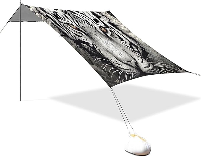 White Tiger Face Beach Tent Sun Shelter 9.2' x 10.5' Beach Canopy with 4 Sandbags 4 Stability Poles Sand Shovels - Tent Canopy for Beach Camping Fishing Picnics