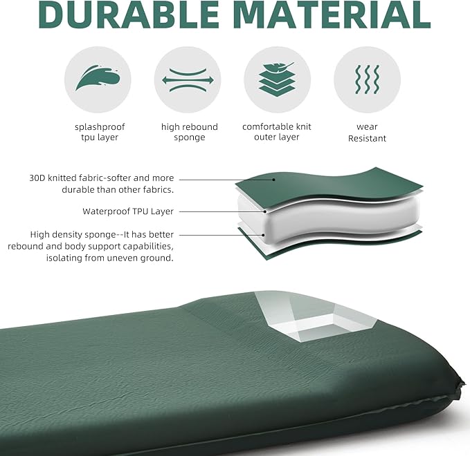 3.15 Self Inflating Camping Sleeping Pad Ultra-Thick Elasticity Foam Fast Inflating 4-Season Insulated Durable Camping Mat Air Mattress with Pillow for Tent Car Camping Traveling Green