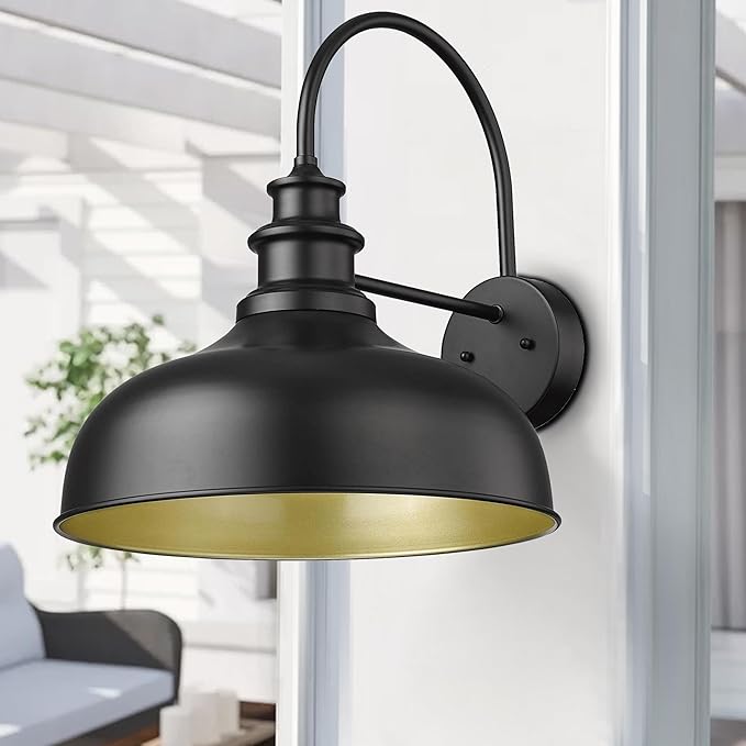 Bestshared Large Farmhouse Barn Lights 16 Inch Dome Outdoor Wall Lighting Fixture Industrial Vintage Sconces Lighting Exterior Mount Light Black Outdoor Wall Lantern for Porch (1Pack Black+ Gold)