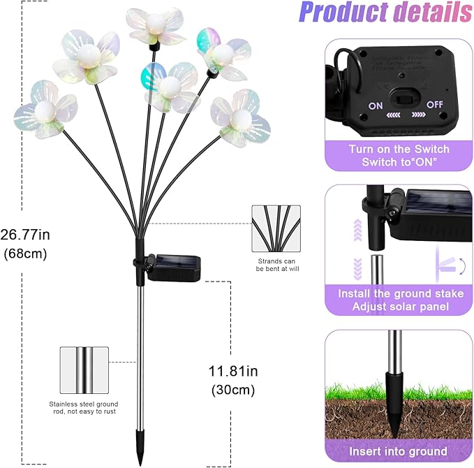 Solar Garden Lights Outdoor New Upgraded 4-Pack Firefly Solar Lights with Iridescent Petals &amp Warm White Glow - Waterproof Wind-Swaying Decor for Yard Patio