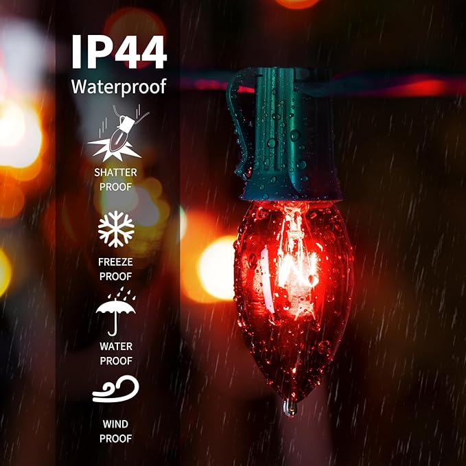 Minetom C9 Red &amp Clear Christmas String Lights 25FT 25 Blubs Bright &amp Warm Outdoor Christmas Lights Long Life C9 String Lights for Tree Patio Gazebo Wreath Green