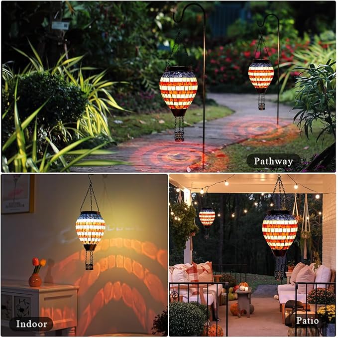 Flag Hot Air Balloon Solar Lantern Mosica Glass Hanging Solar Lanterns Outdoor Waterproof for Garden Yard Patio Decor