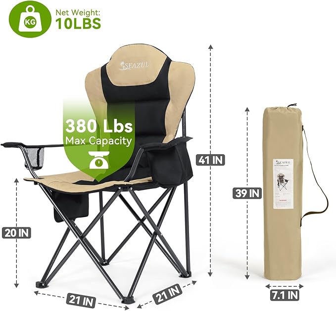 Camping Chairs for Adults Heavy Duty Camping Chairs 2 Pack Folding Chairs for Outside Support 380 LBS Portable Travel Outdoor Camp Chair with Cup Holder &amp Cooler Bag Sports Chairs Khaki