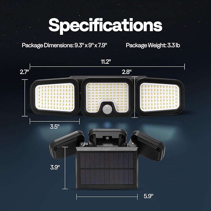 VIVOHOME Solar Flood Lights Outdoor 256 LED 2500LM Motion Sensor Lights 3 Adjustable Heads Security Lights IP65 Waterproof 270° Wide Lighting Angle Solar Powered Lights for Porch Yard 3 Pack